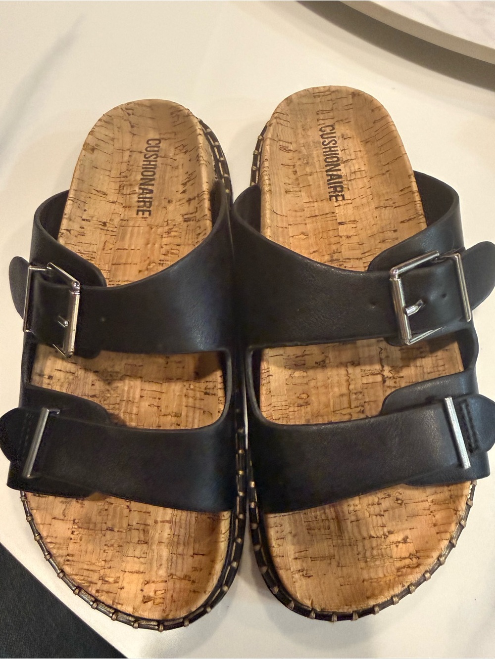 Cushionaire Black Double-Buckle Cork-Style Slide Sandals